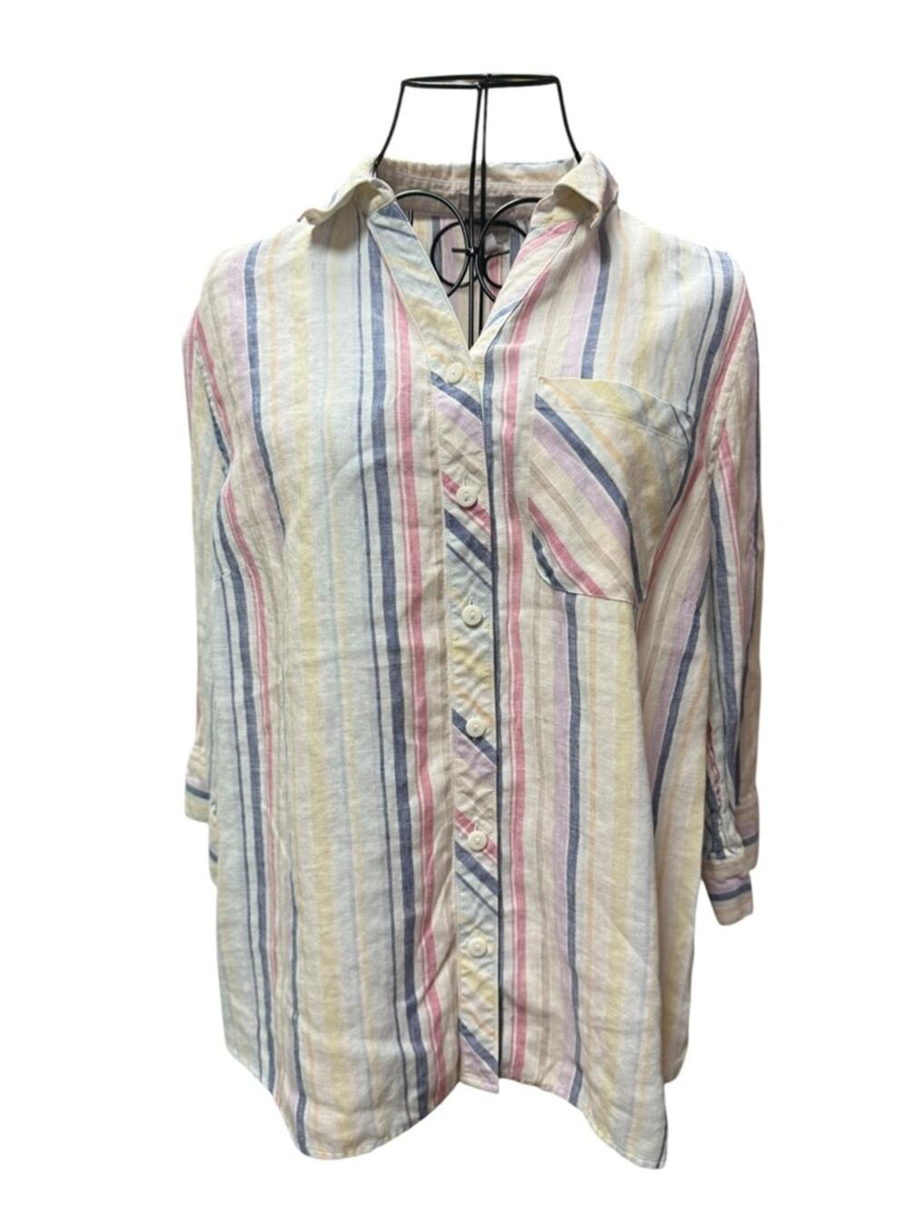 Chico's Pastel Stripe Linen No Iron Shirt  size 1P (petite Medium)